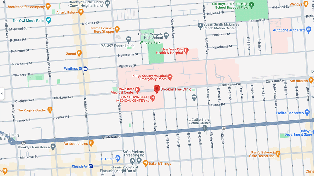 A map centered on the Anne Kastor Brooklyn Free Clinic.