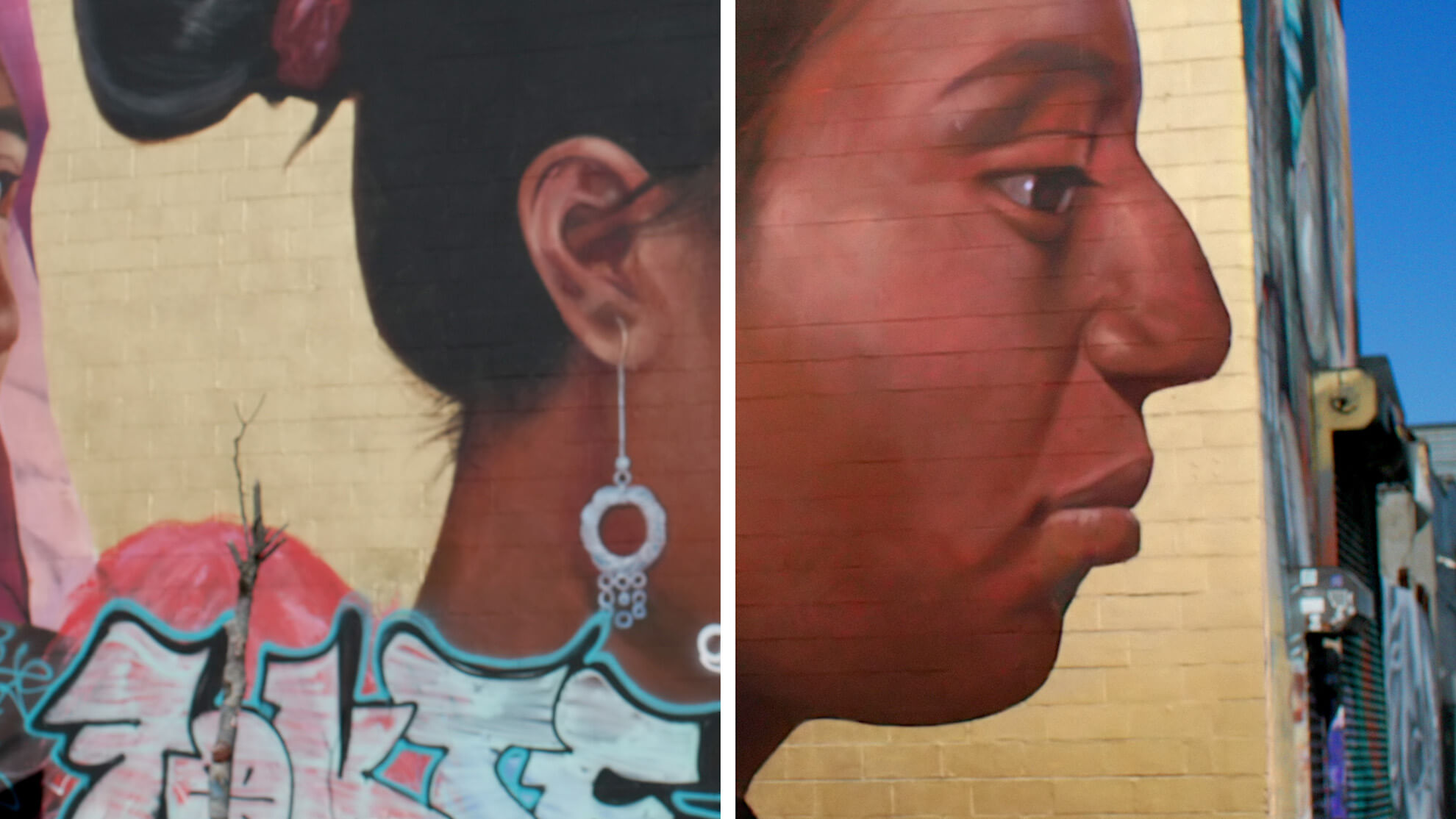 A side-by-side comparison of the mural before and after its mending. The mended mural is on the right and has deeper, richer colors and no obscuring graffiti.